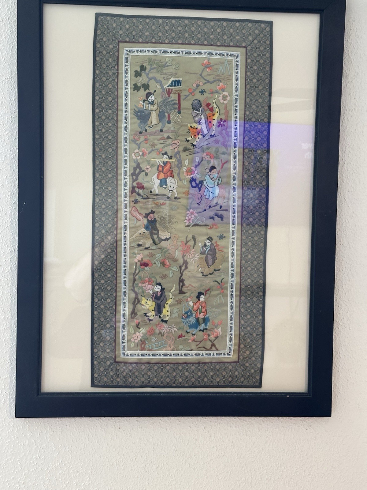 Chinese hand embroidered silk Art Piece Framed. The Actual Piece 27 X 13”