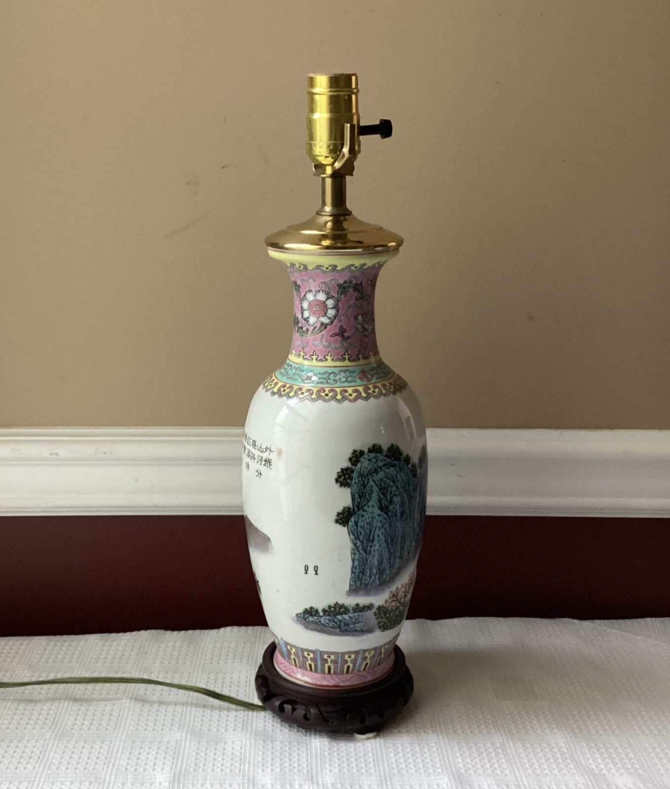 Vintage Chinese Famille Rose Porcelain Landscape Vase Lamp Inscribed 17.25″