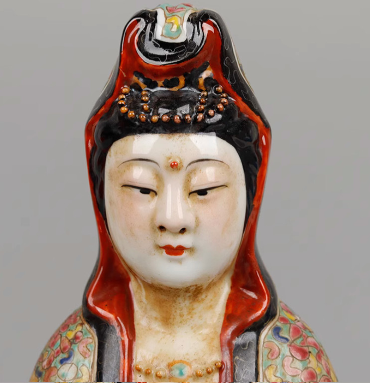 11.6″ Old Chinese Famille-rose Porcelain Children-Sending Guanyin Goddess Statue