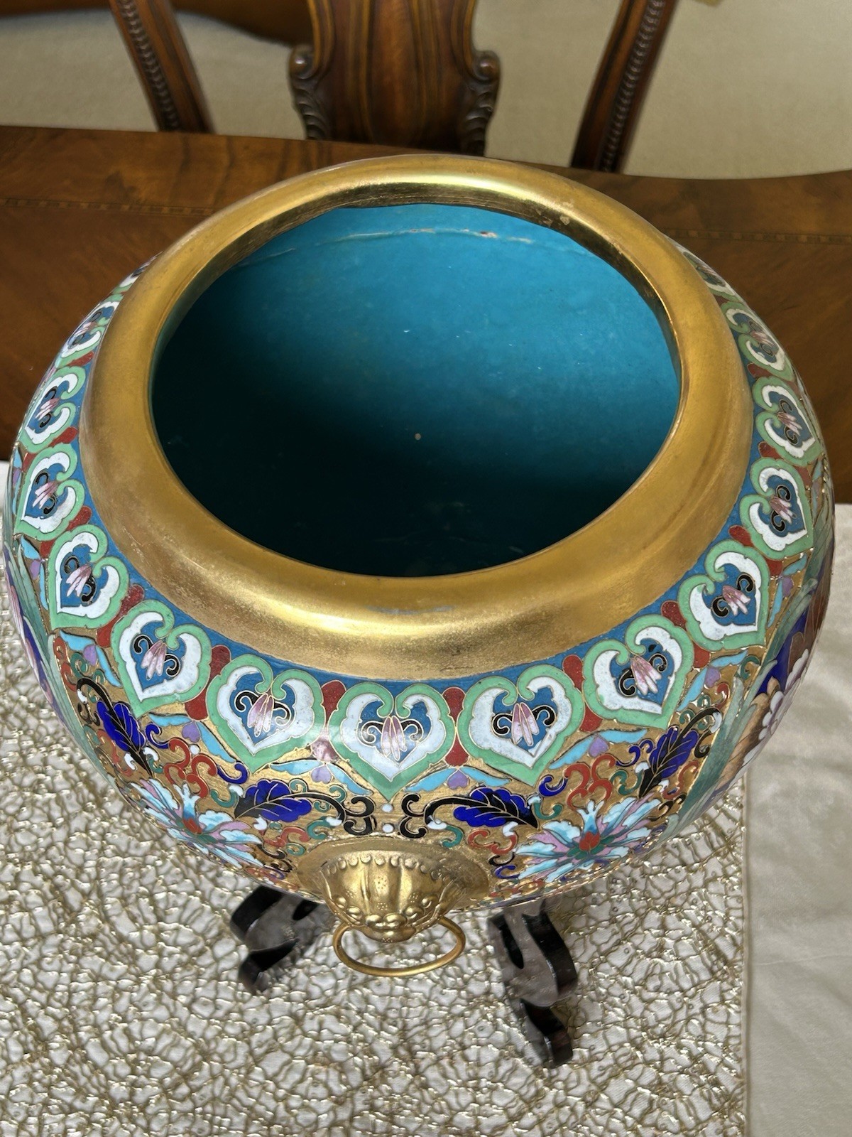 Chinese Cloisonné Planter Flower Pot Peonies Birds Lion Head Accent Brass