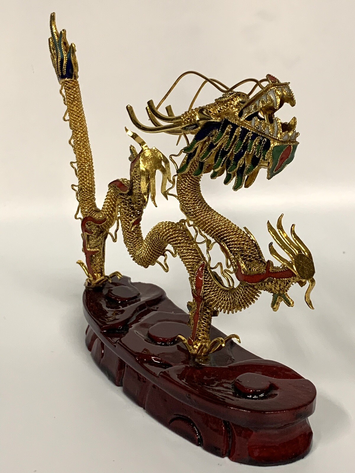 Chinese Brass Filigree Dragon Wooden Stand Gold Red Green Color 4.5”x 5”