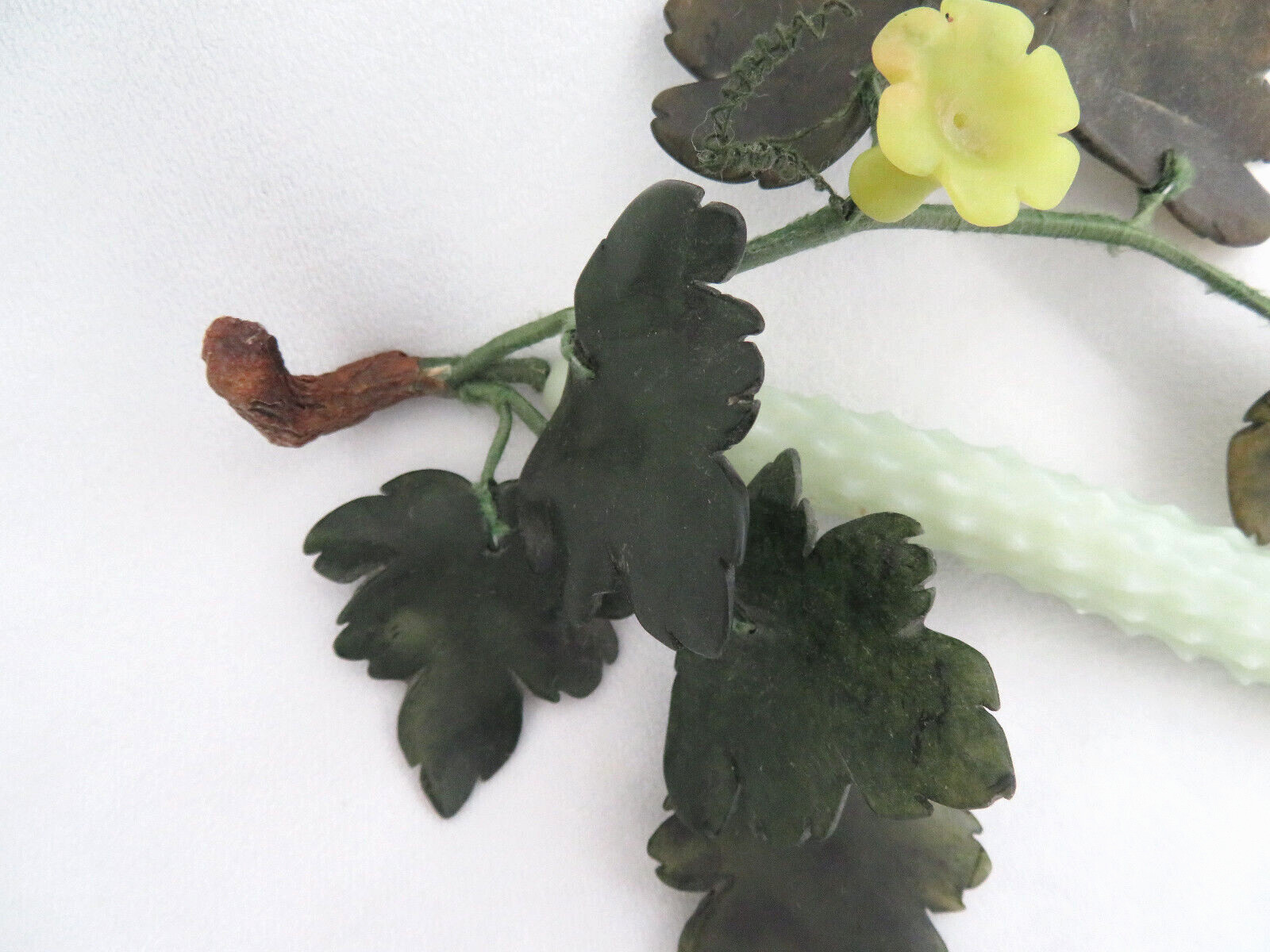 RARE Chinese Green Jade Gemstone Prickly Cucumber & Leaves Sculpture 11″ Long