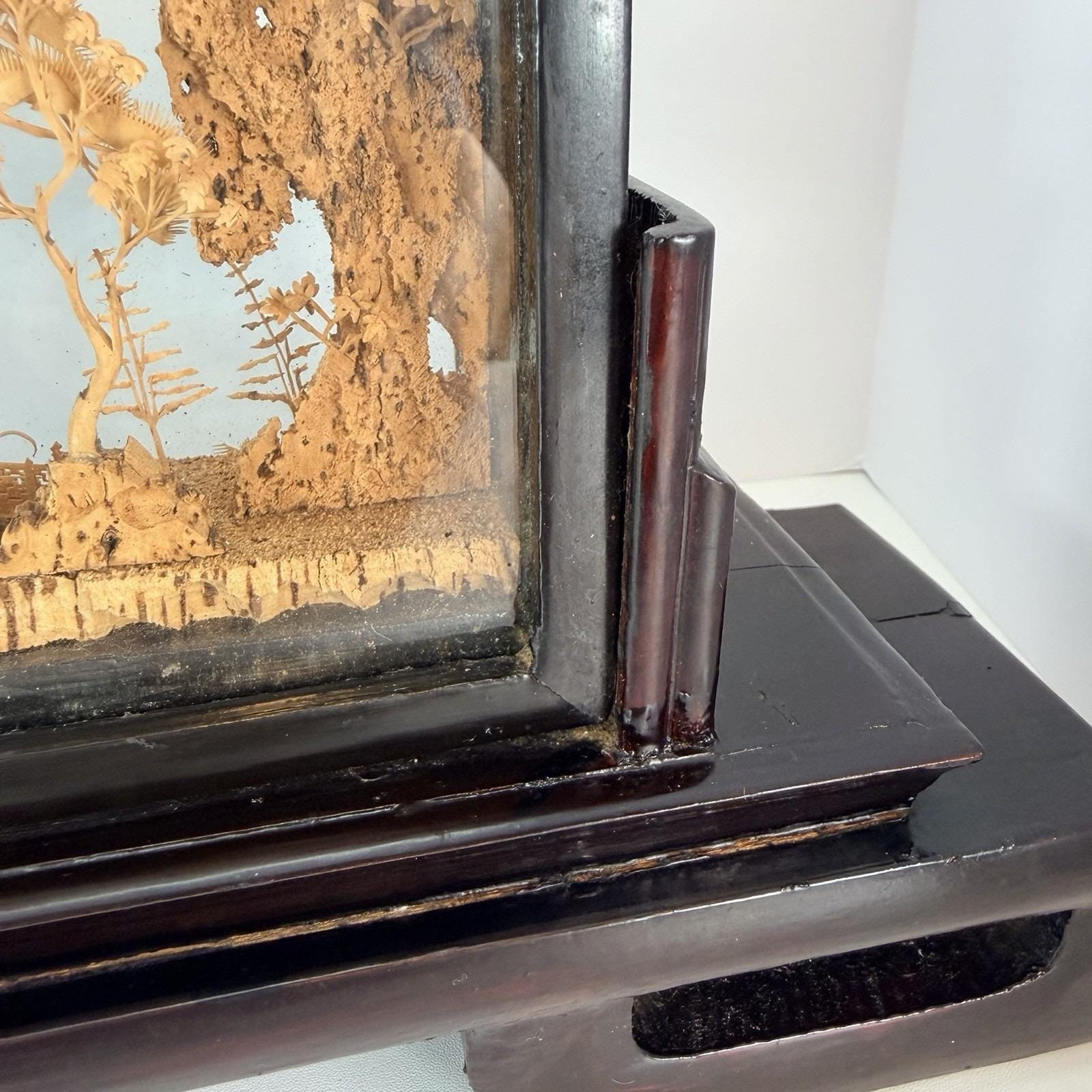 Vintage San You Chinese Cork Diorama Glass Case Black Wood Plinth 19.5×10″x3.5″
