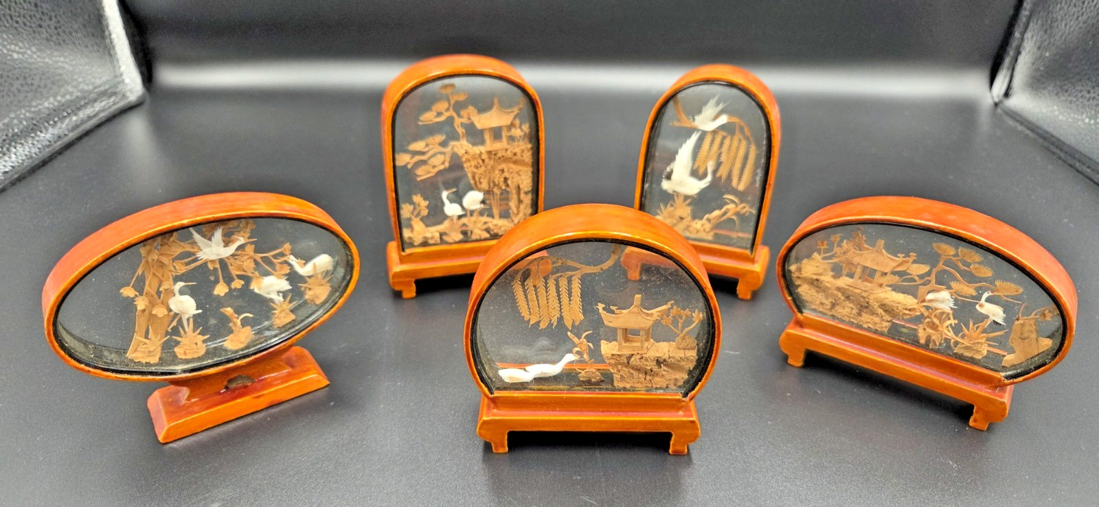 Vintage Asian Carved Cork Diorama Art In Wood/Glass Shadow Boxes 5 pieces