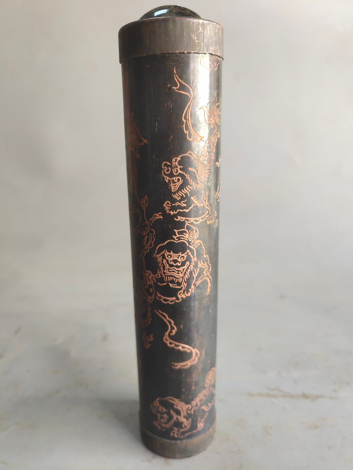 19cm old copper carved lion foo fu dog See Wonderful Scene optical kaleidoscope