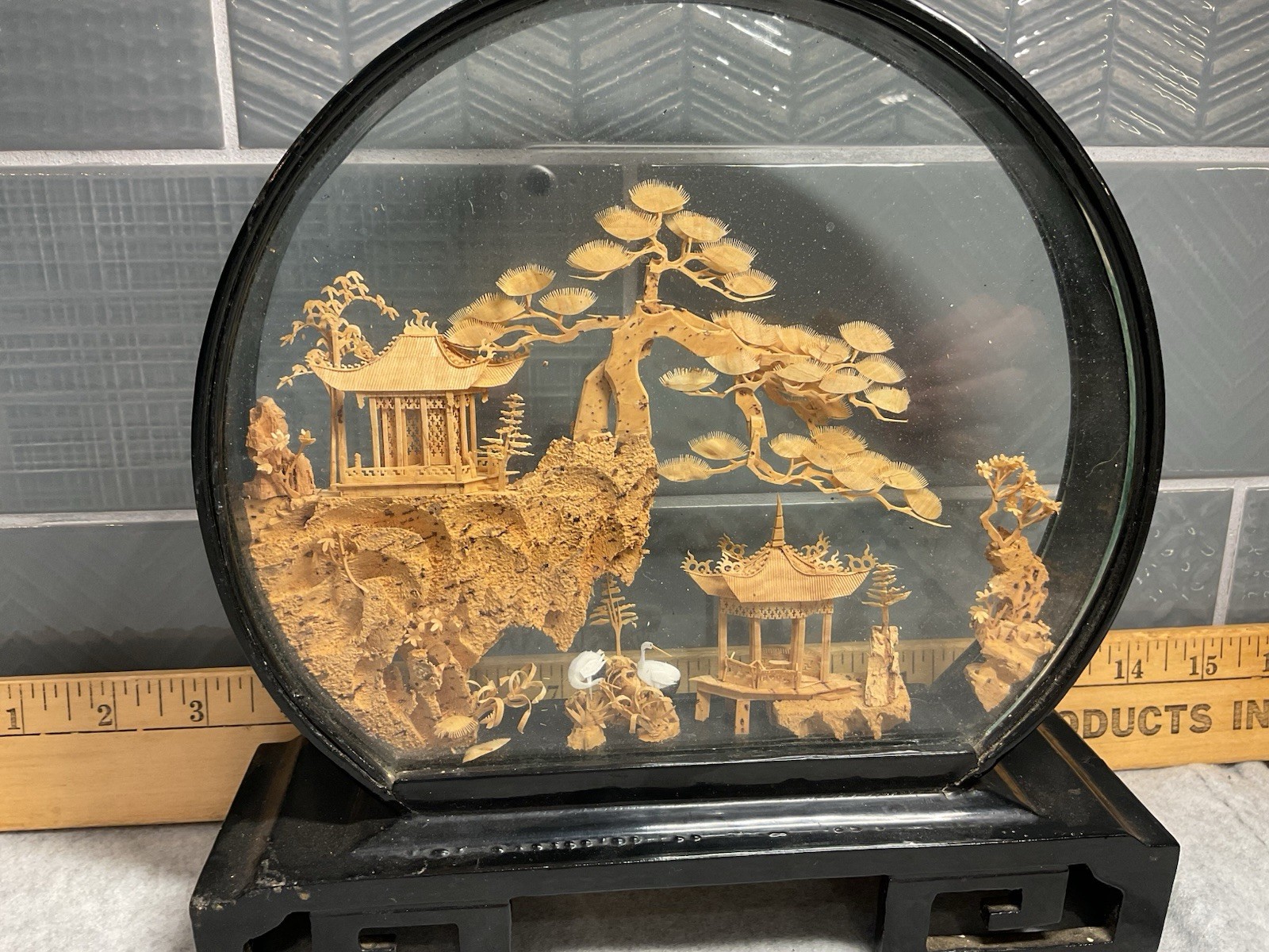 Vintage Asian Cork Art Diorama Hand Carved Black Lacquer Frame 9 X 9 Tree Bird