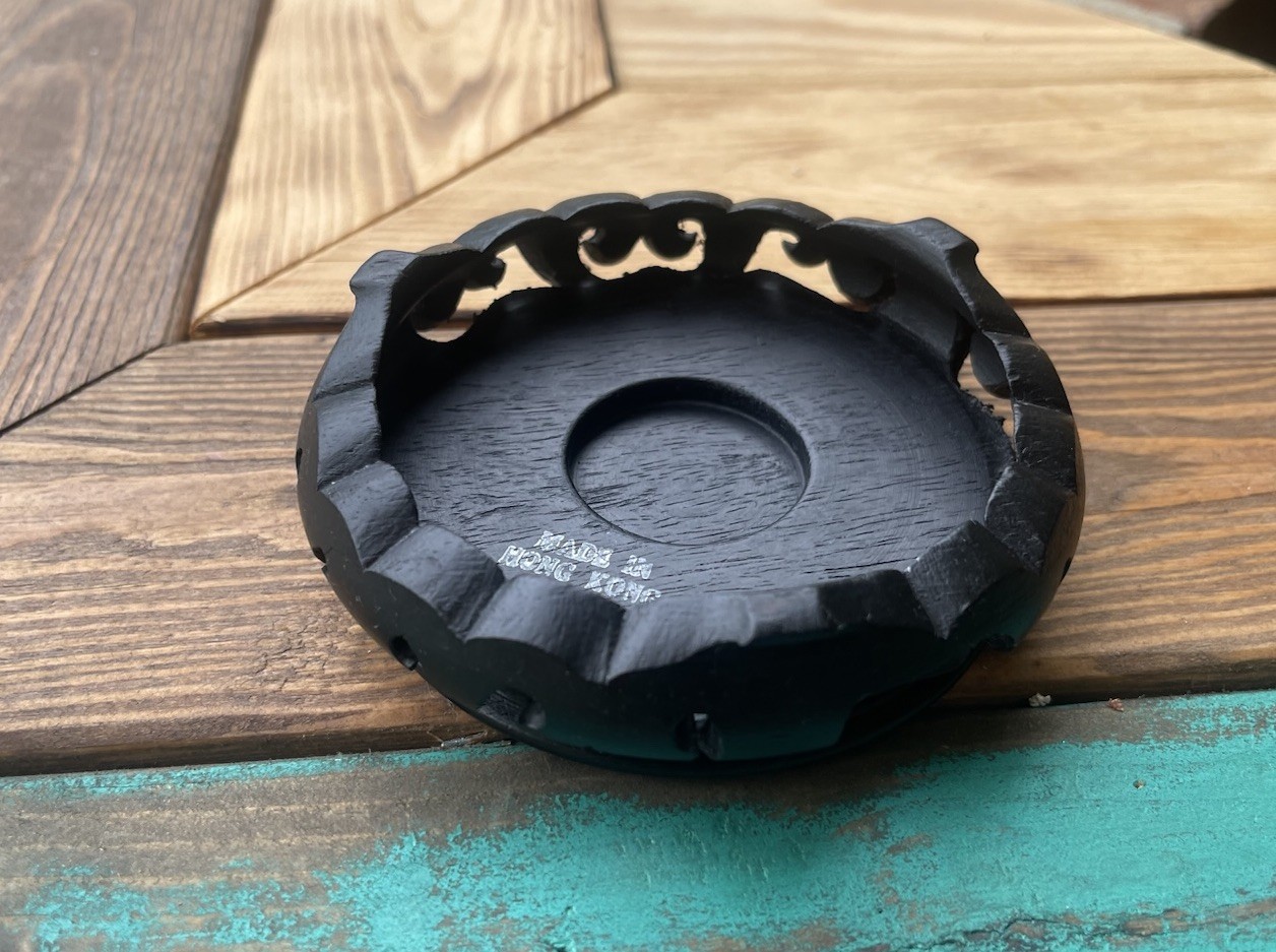 Vtg Ebonized Wood Chinese Carved Vase Stand Table Display Riser 5″ Round Footed