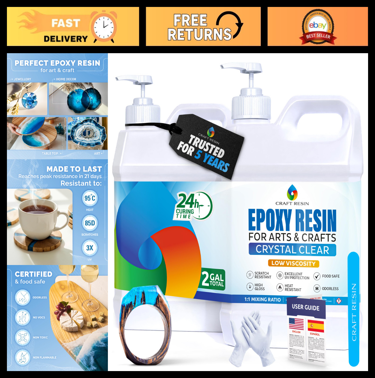 2 Gallon Crystal Clear Epoxy Resin Kit – Food Safe, UV Resistant, Low Viscosity