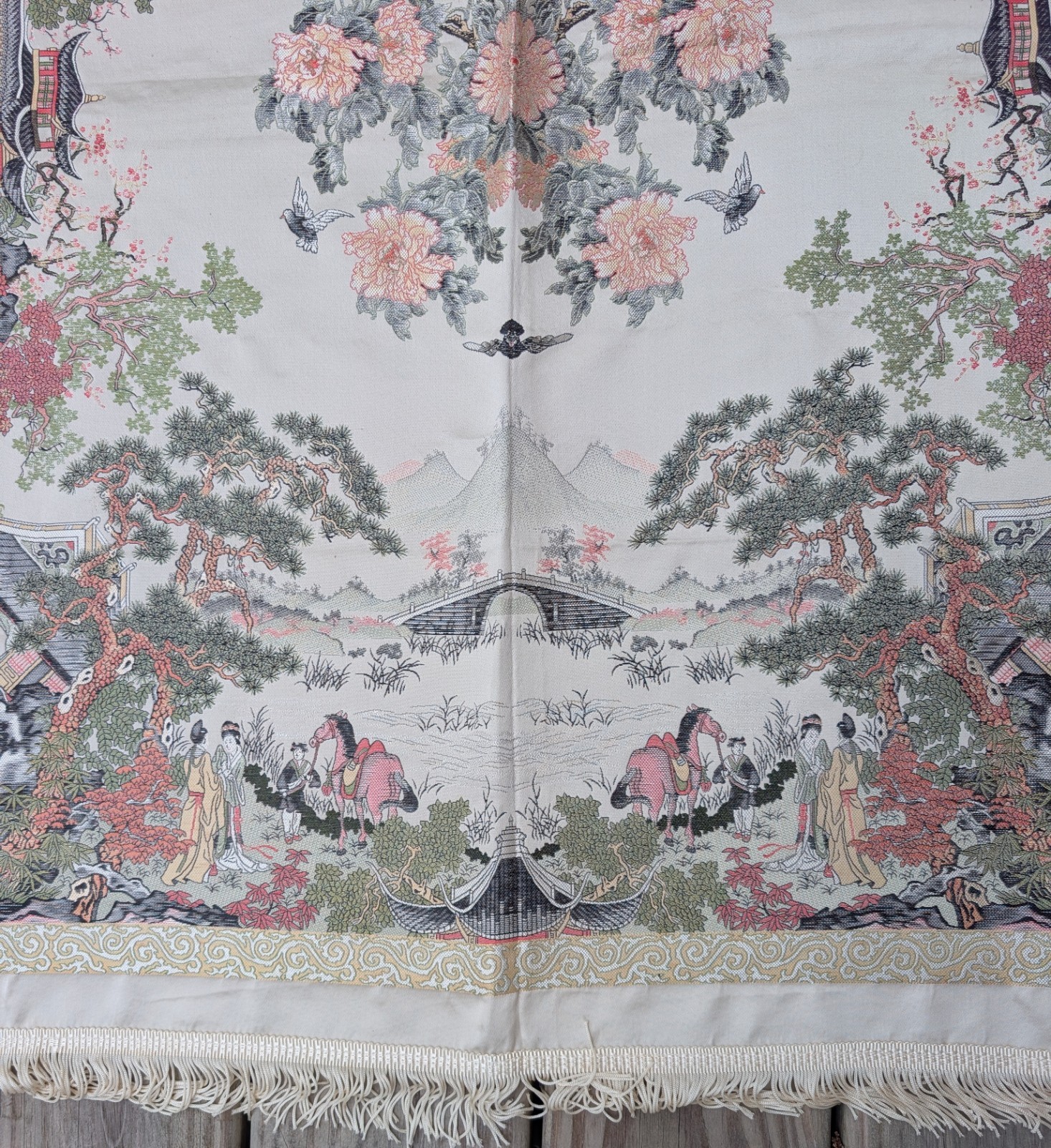 Vtg Chinese Silk Tapestry Tablecloth Fringe 37×37 Chinoiserie by Brocaded Flower