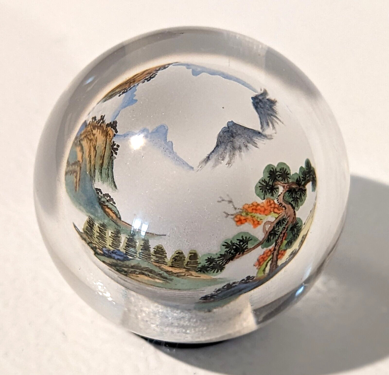 VTG Reverse Painted Glass Ball Sphere Paper Weight Oriental Mountain Scene
