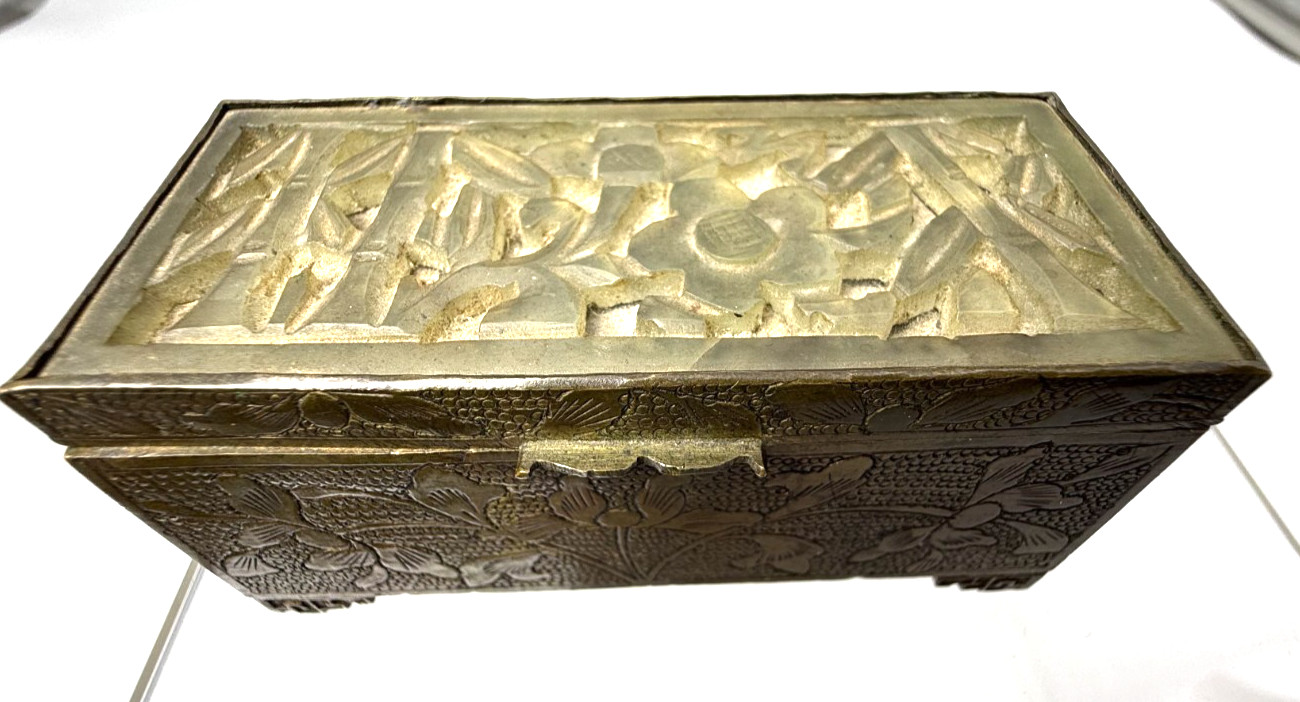 Vintage Chinese Etched Brass and Carved Jade Hinged Box