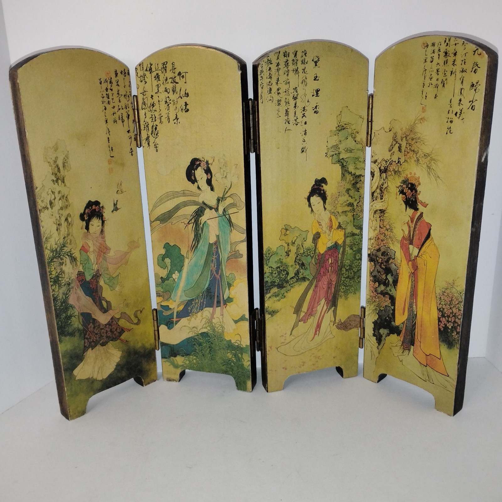 Vintage Chinese Folding Table Top Screen Handpainted 4 Panel 2 Sided Wooden