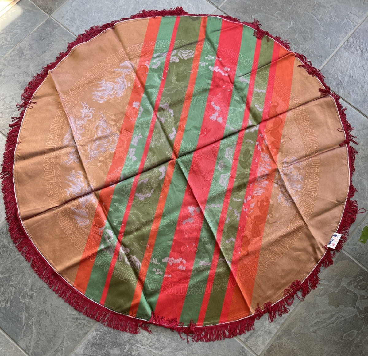 Vintage Brocaded Flowers Chinese Round Double Sided Tapestry Table Cloth Fringed