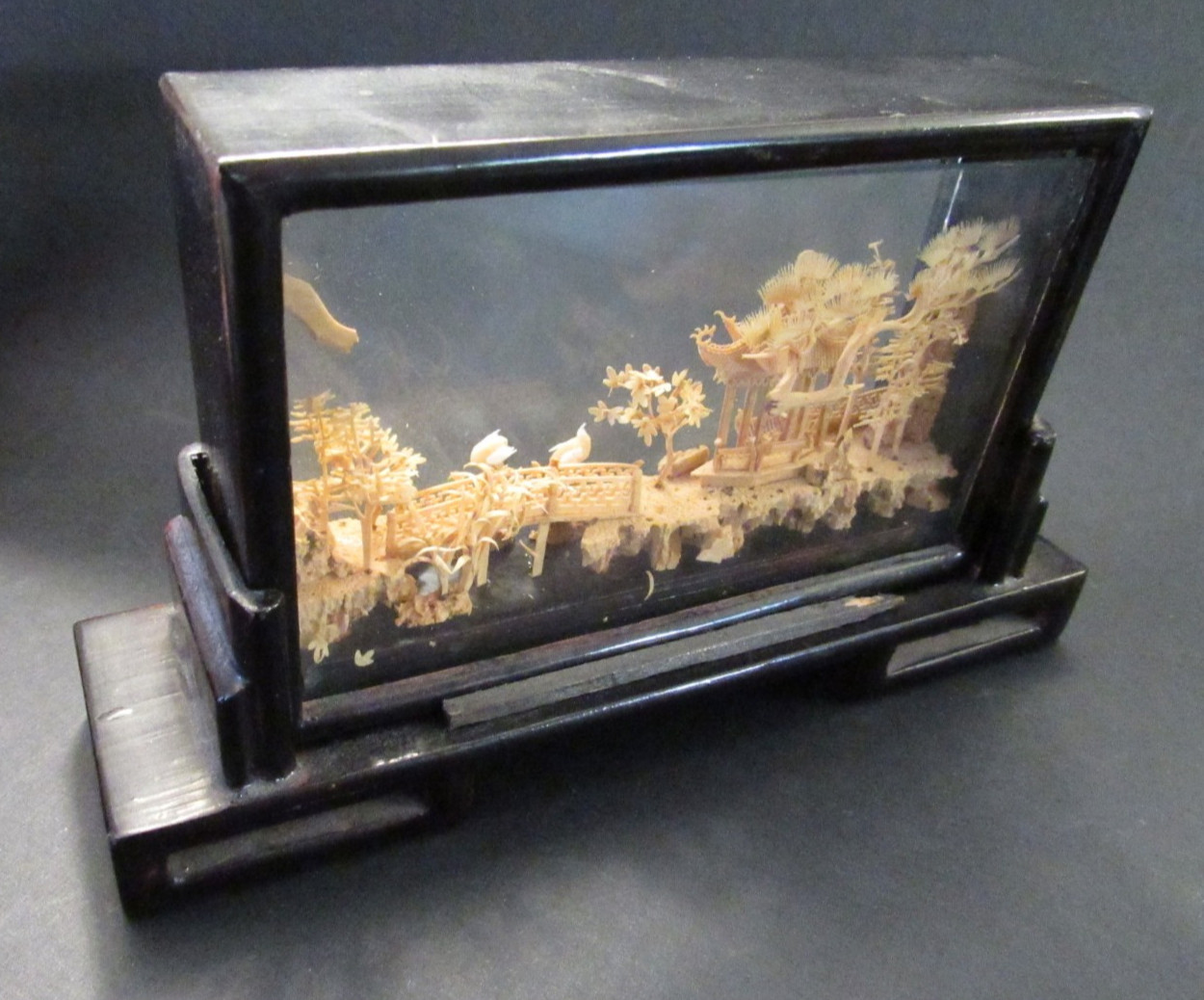 VTG Chinese San You Cork Art Hand Carved Diorama with Pagoda, Cranes, Trees LP-4
