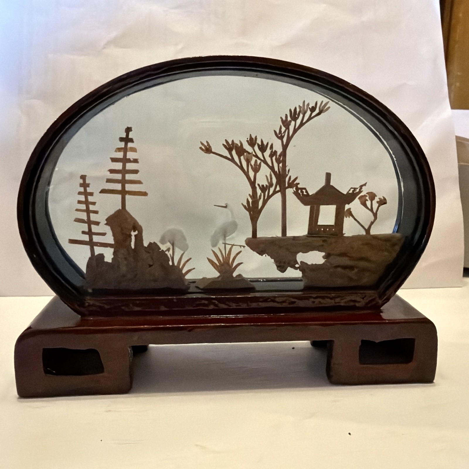 Carved Cork Diorama Asian Oriental 3D Art Miniature Cranes Vintage 6”x4.5”x1.5”