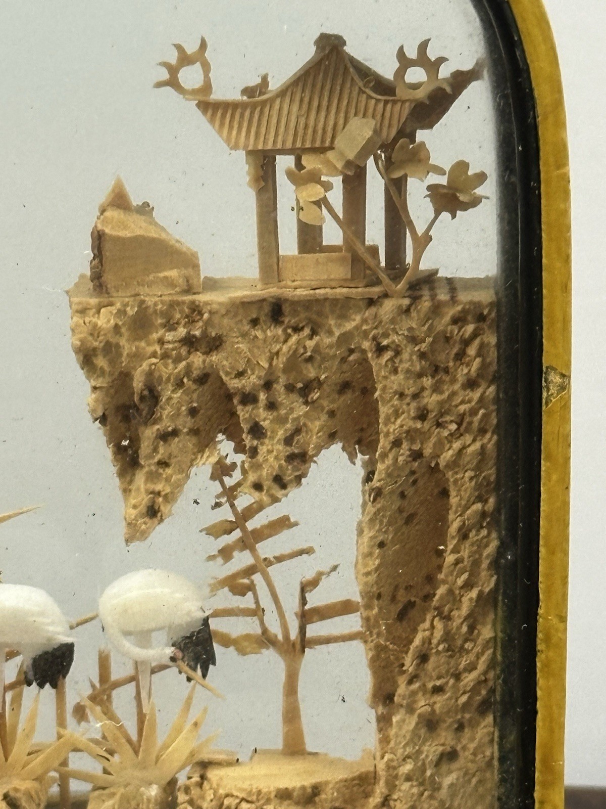 Carved Cork Chinese Art Diorama with Cranes Pagoda & Trees Vintage Collectible