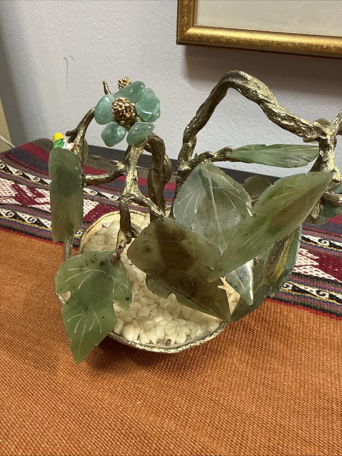 Vintage Glass Bonsai Jade Tree Intricate Multi Colored Flowers in Jade Base