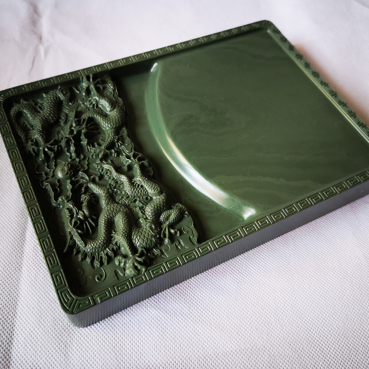 8″ China Natural Original Stone Hand-carved Two Dragon Playball Inkstone Inkslab