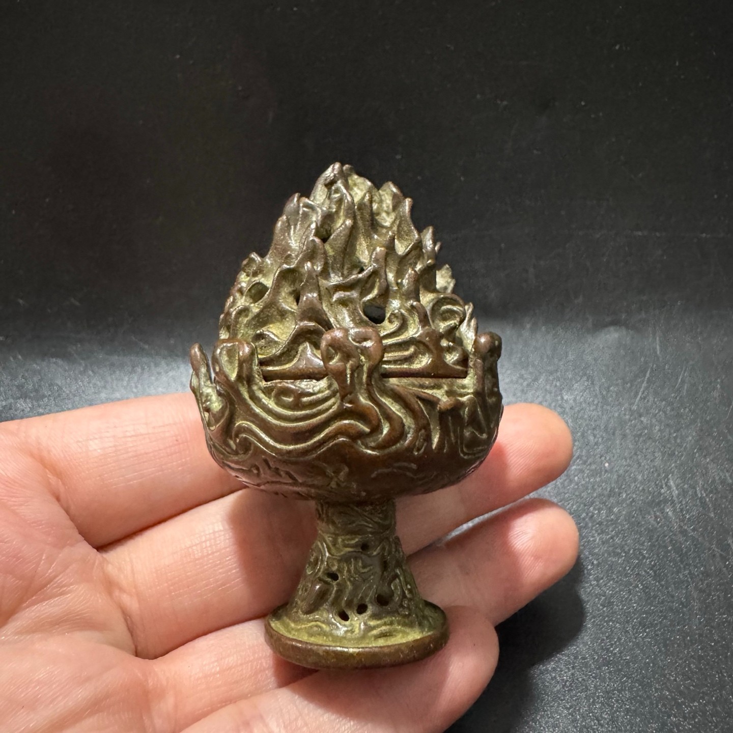 Patinated Bronze Mini Boshan Incense Burner Chinese Antique Hollow Censer Orname
