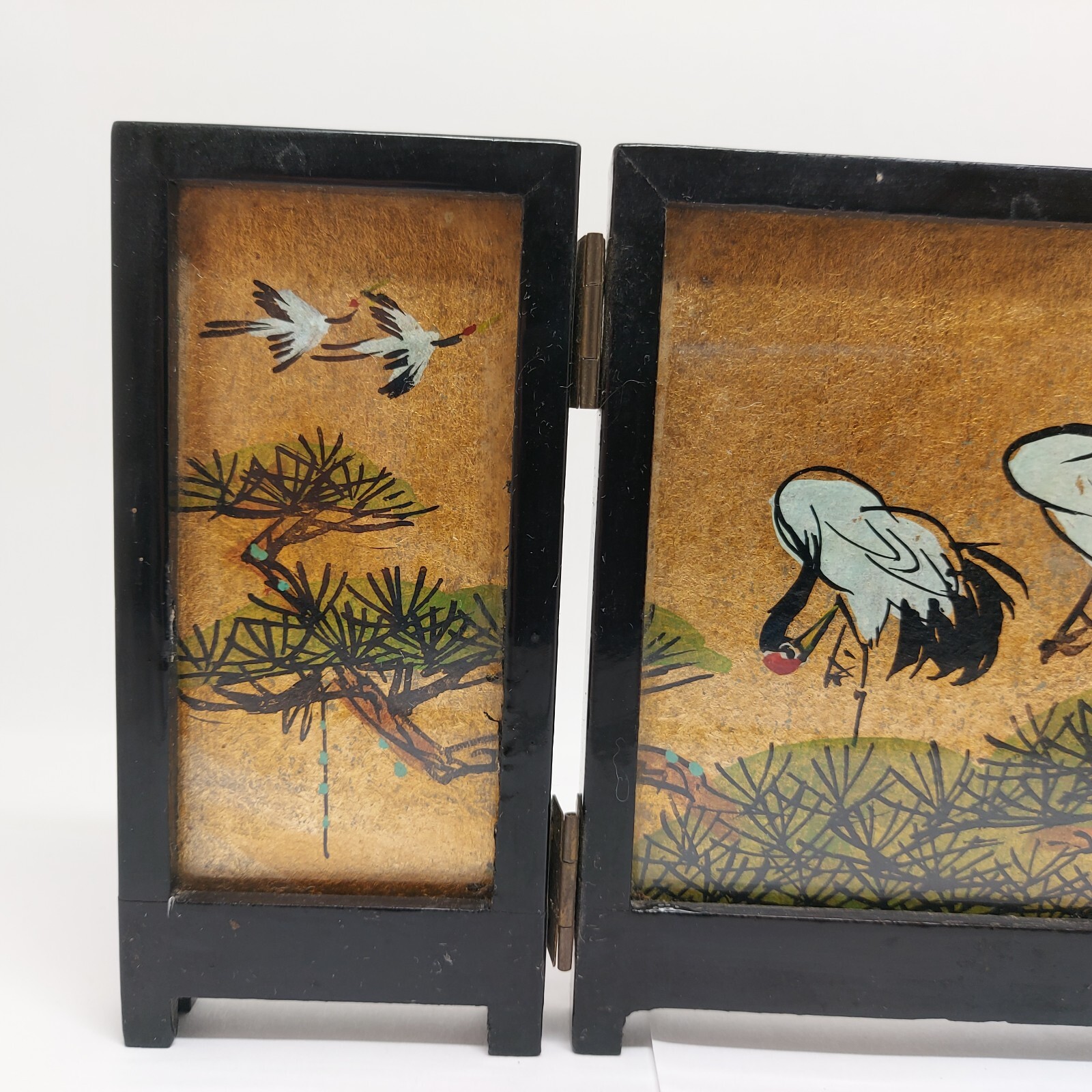 2 Vtg Small 3 Panel Table Top Screens Hand Painted Silk Cranes Birds Flowers
