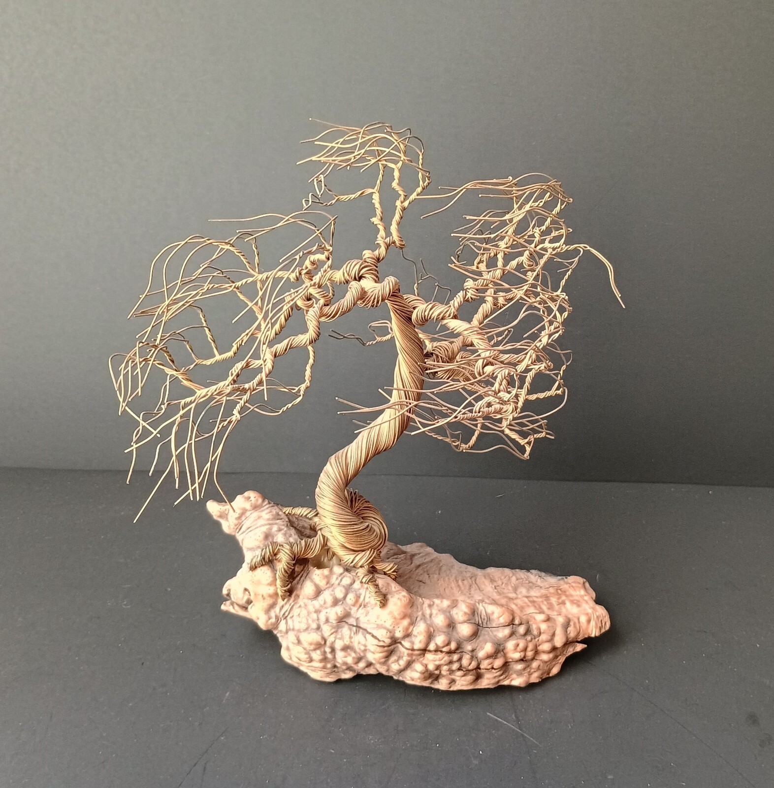 VTG Chinese Bonsai Tree Figurine, Brass on Wood, Unmarked, 8 1/2” L x 8” T