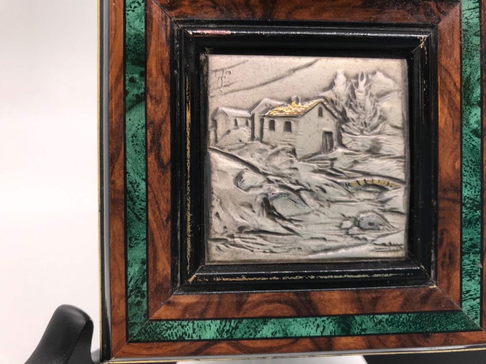 VINTAGE CARVED METAL RELIEF SCENE ITALY black laquer marguetry