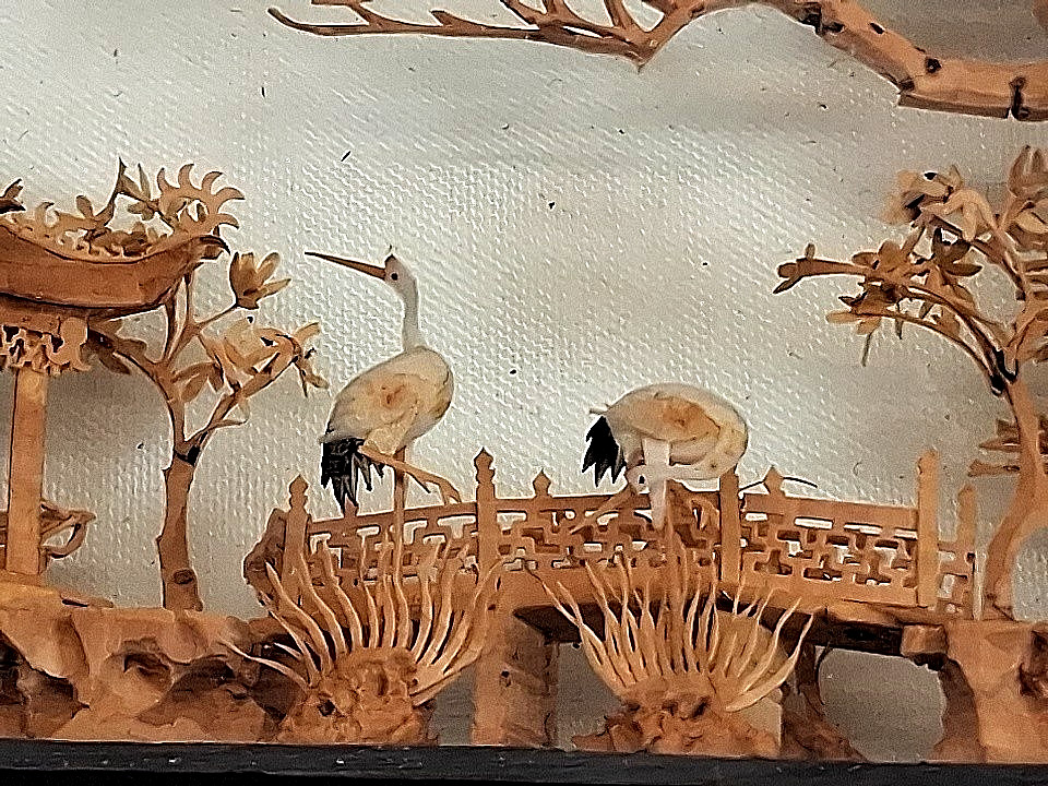 2 Chinese Scene 3D Hand Carved Cork Dioramas Black Lacqured Wood & Glass Cases