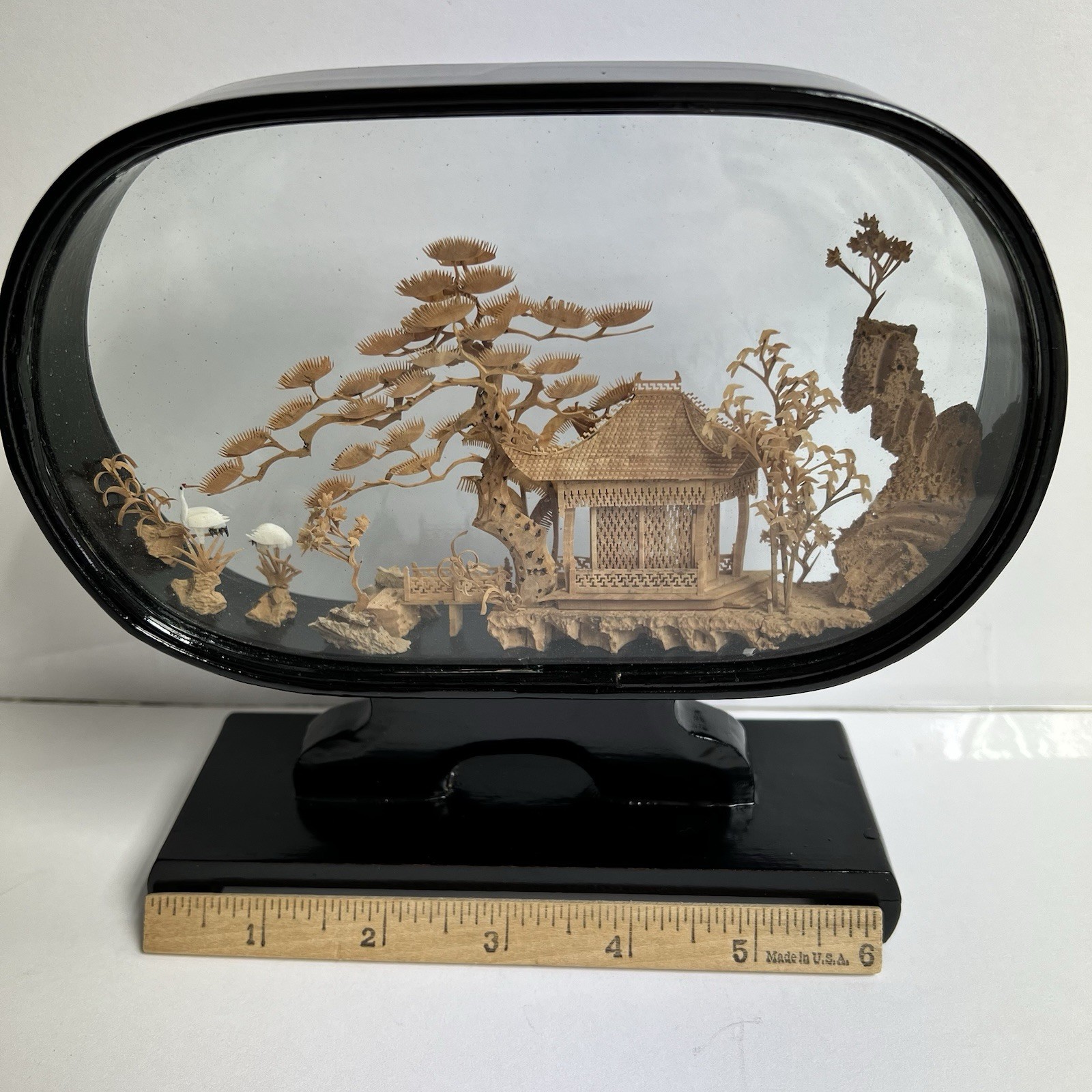 Vtg San Diorama Cork HandCarved W/ Pagoda Trees & Cranes In Glass Case 6X7”
