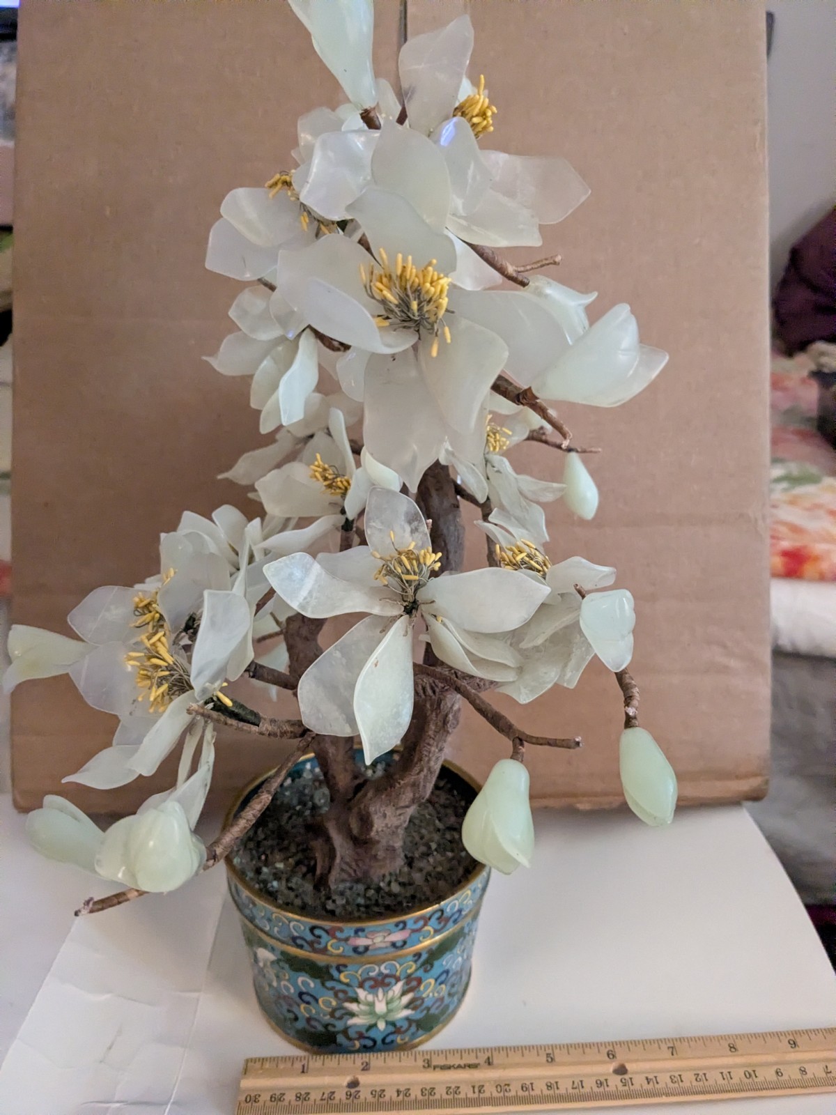 Vintage Chinese Asian Jade?Bonsai Tree White Blossom Cloisonne Floral Pot Stone