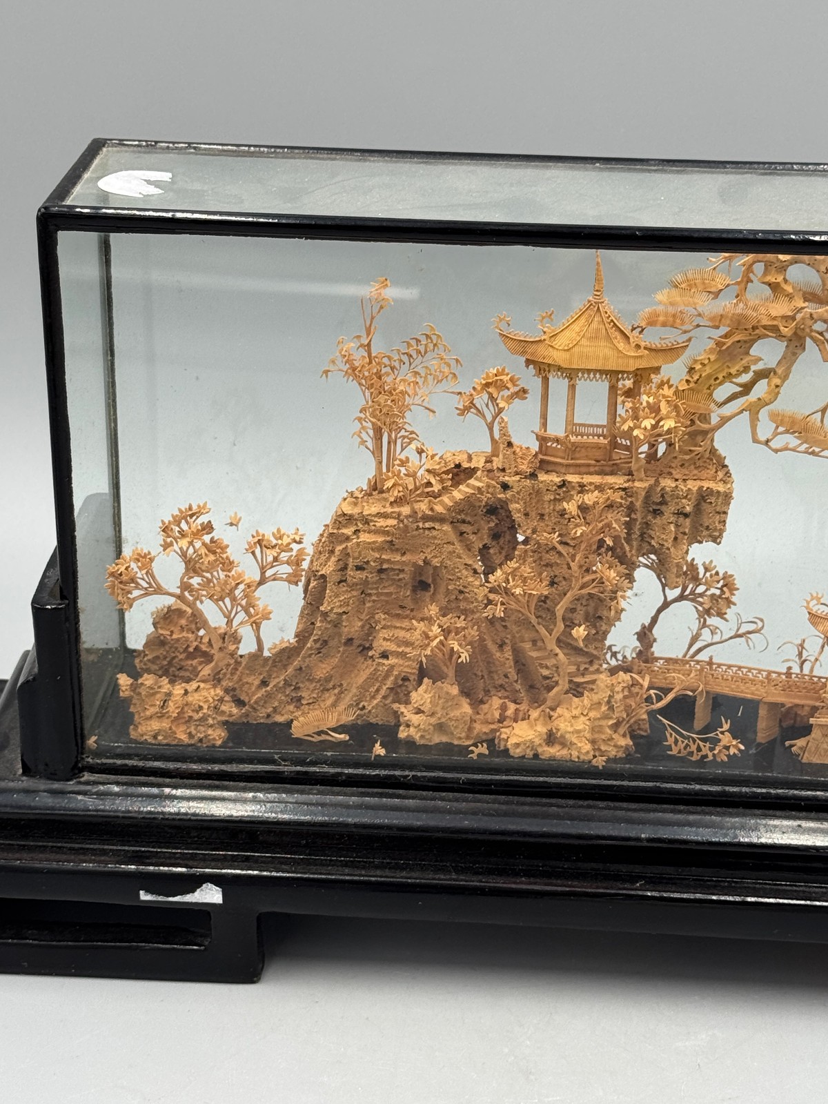 Mid 20th c. Chinese Fujian Cork Carving Landscape Diorama, Glass Display Case
