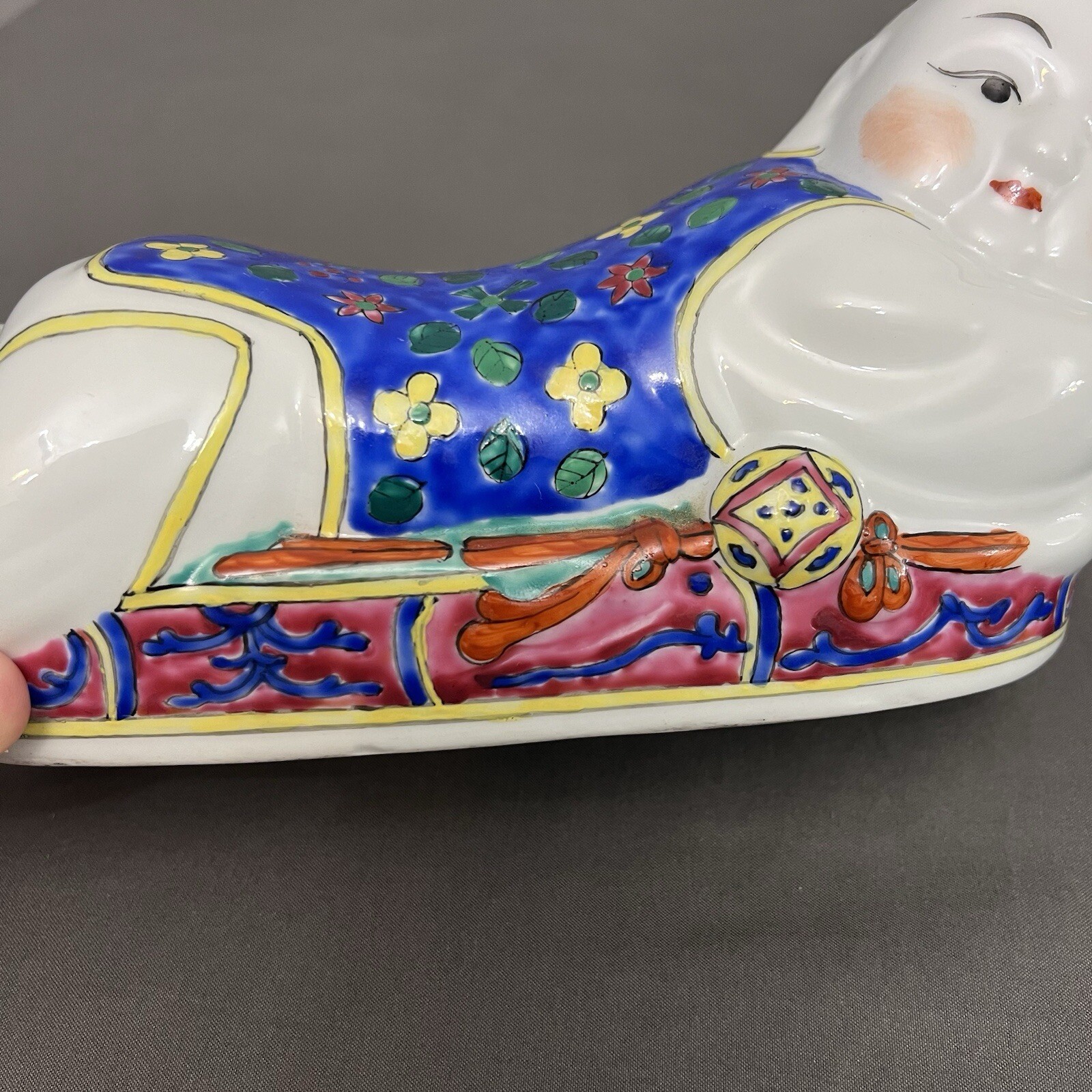 VTG Set Of 2 Porcelain Headrests Opium Pillows Handpainted Blue & Red 8.5x4x4.5”
