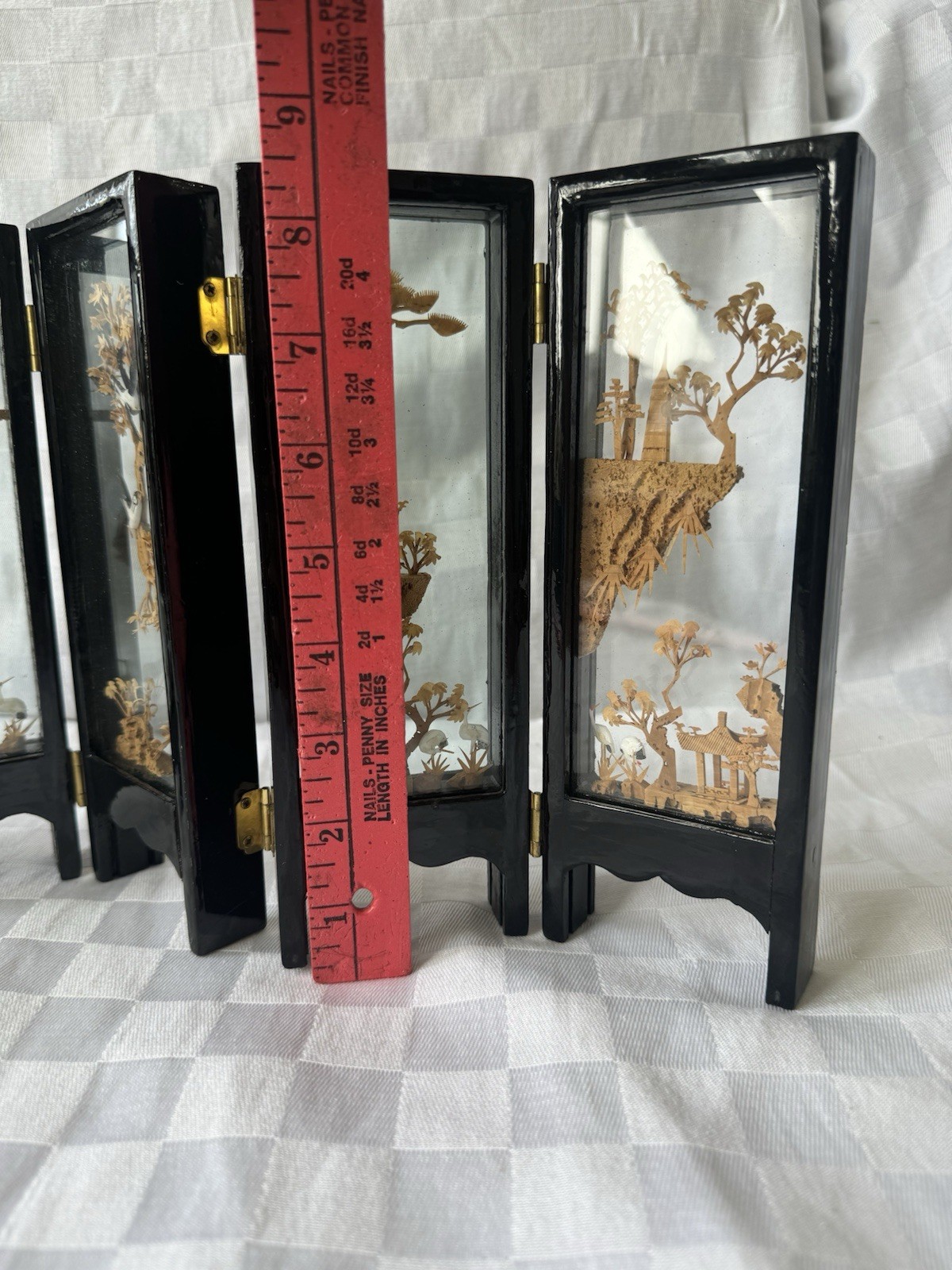 Chinese Cork Art Folding Screen 6 Panel Diorama Landscape Pagoda Black Lacquer