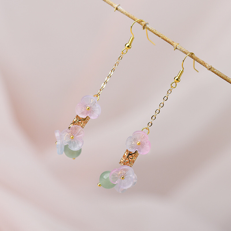Chinese Dongling Jade/Coloured Glaze Flower Gild Tibetan Style Earbob Earrings