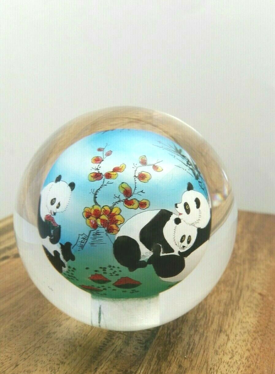 Chinese Glass Ball Sphere Paperweight Reverse Hand Painted Pandas NO Base