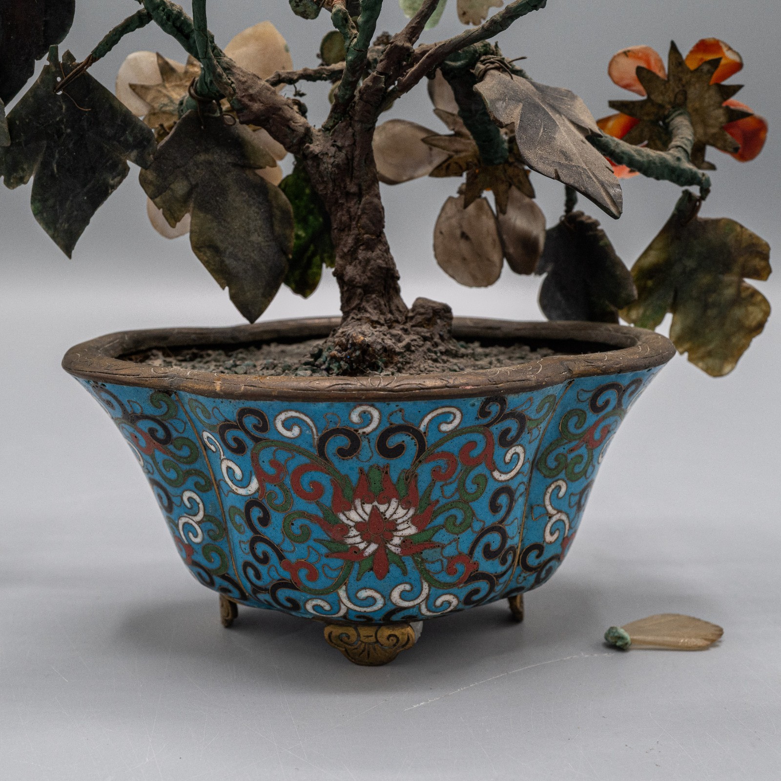 Chinese Jade Hard Stone Tree in Cloisonne Pot 8 1/2″ Vintage/Antique – READ #B