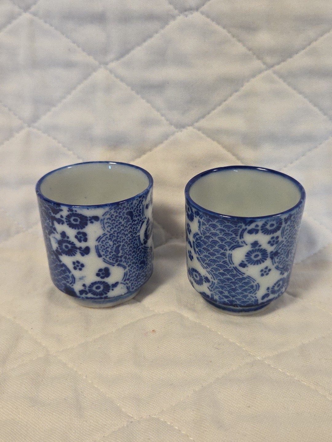 Vintage Sake or Tea Cups (2) Small 2.25 Inches Tall Blue/White Made in Japan