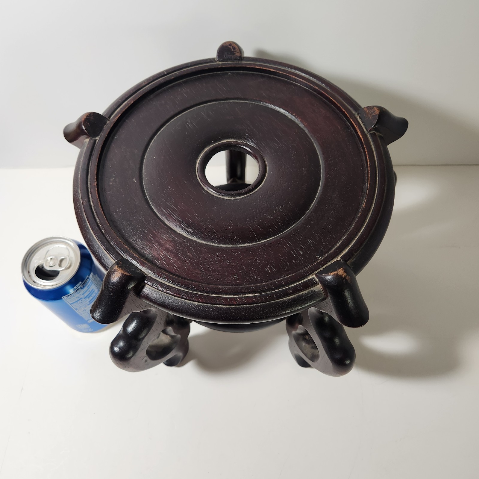 Vintage Chinese Carved Black Finish Wood Jardiniere Fishbowl Plant Stand 9″ High