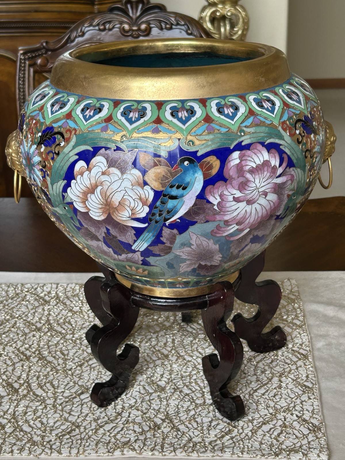Chinese Cloisonné Planter Flower Pot Peonies Birds Lion Head Accent Brass