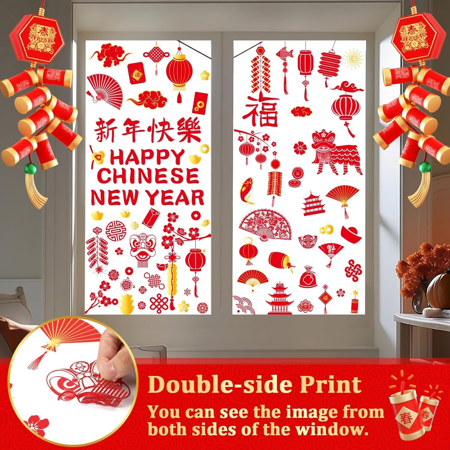 Chinese New Festive Window Clings – 8 Sheets of Dragon and Lantern Designs