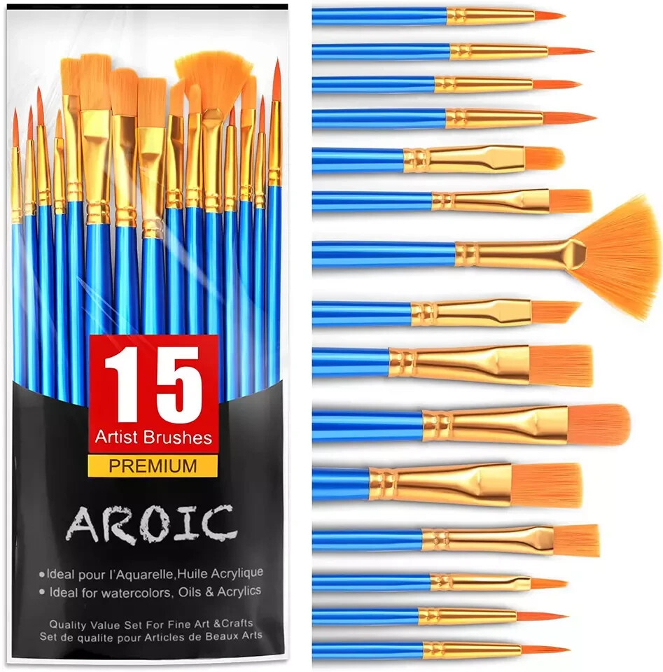 AROIC Acrylic Paint Brush Set, 15 Pcs Nylon Hair Paint Brushes for All Purpose O