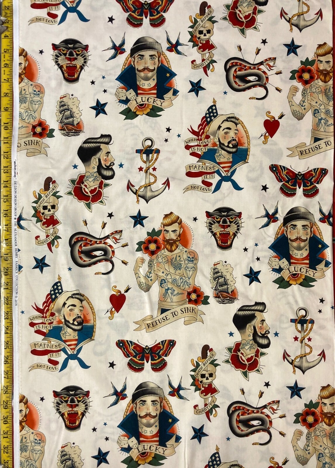 Anchors Away Tea Black Alexander Henry Fabric Nautical Sailor Tattoo