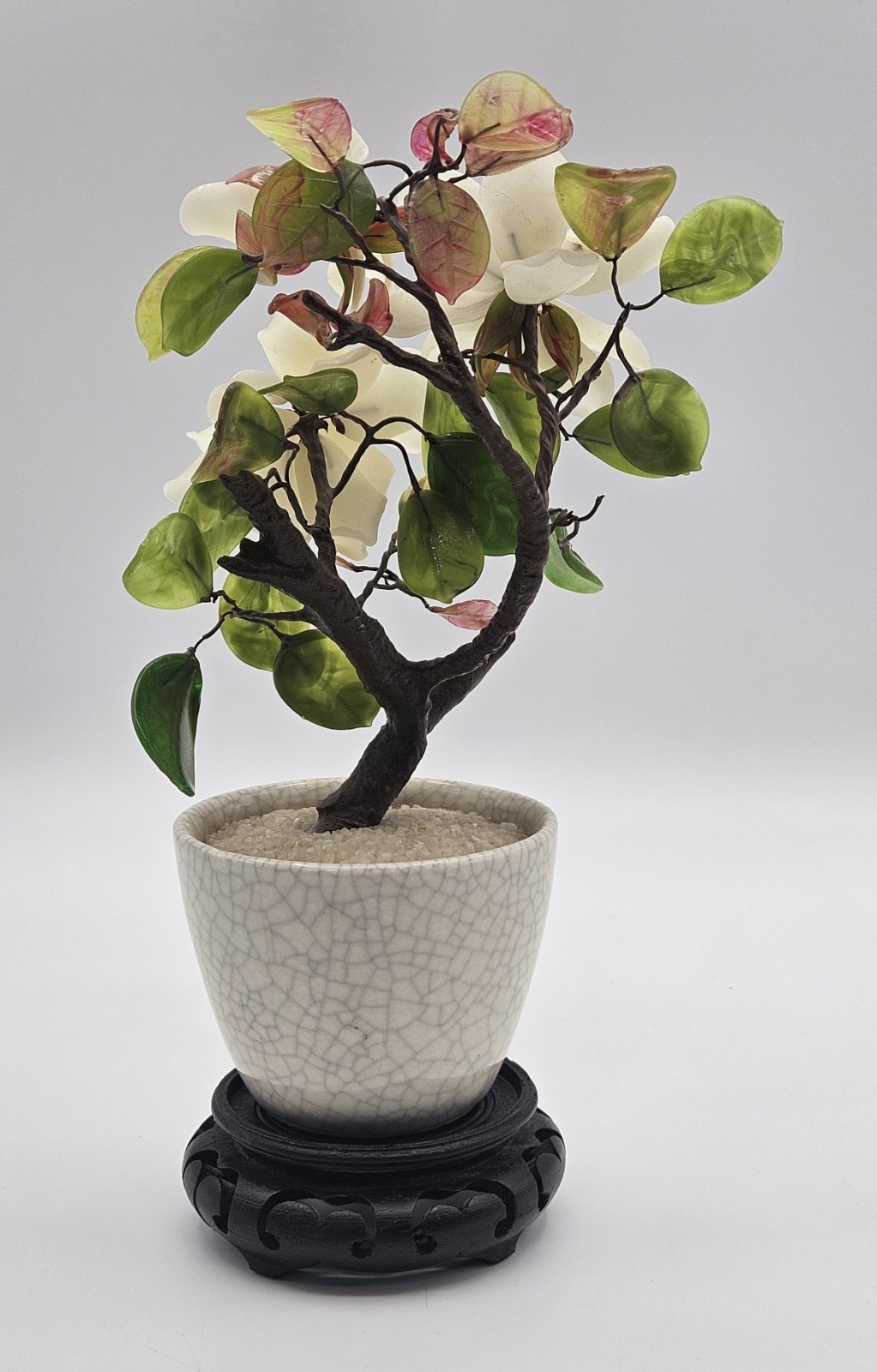 Vintage Chinese Jade Bonsai Tree w/ White Dahlia Flowers in White Pot – 9.5″H