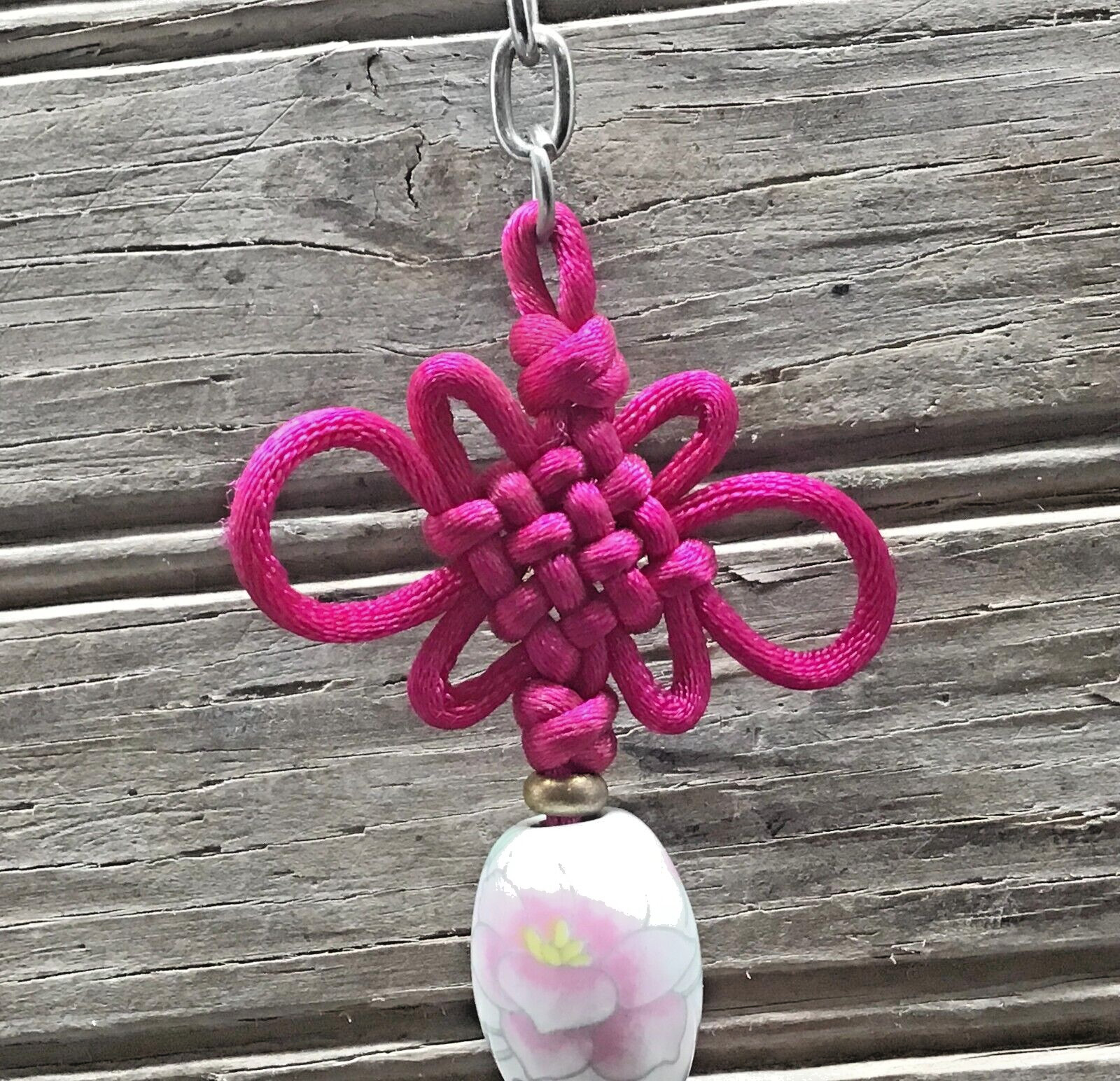 Oriental Chinese Tassel Handmade with Porcelain Pendant Magenta 10″