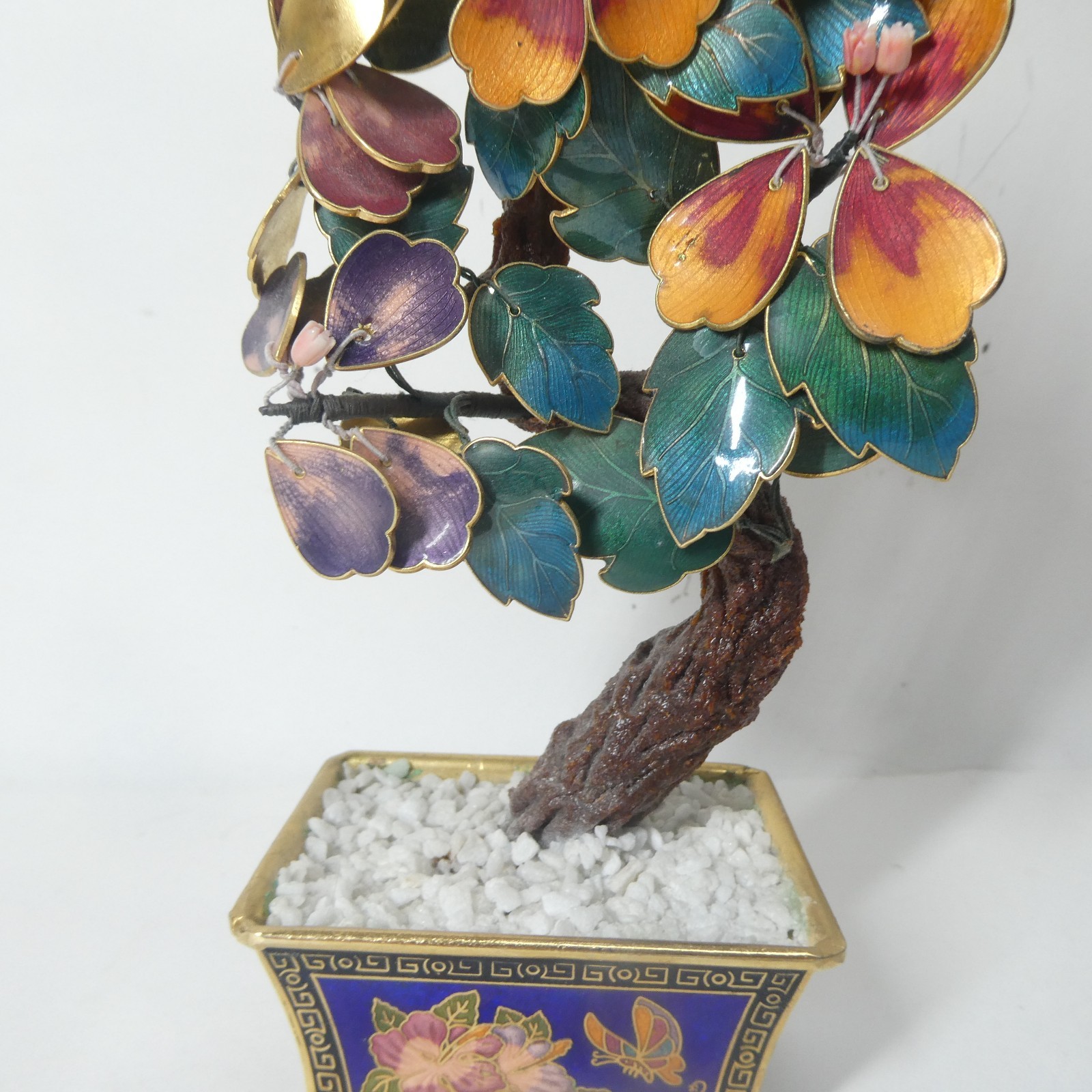 Cloisonne Enamel Brass Bonsai Tree w/ Pot Colorful Flowers 8″ Vintage