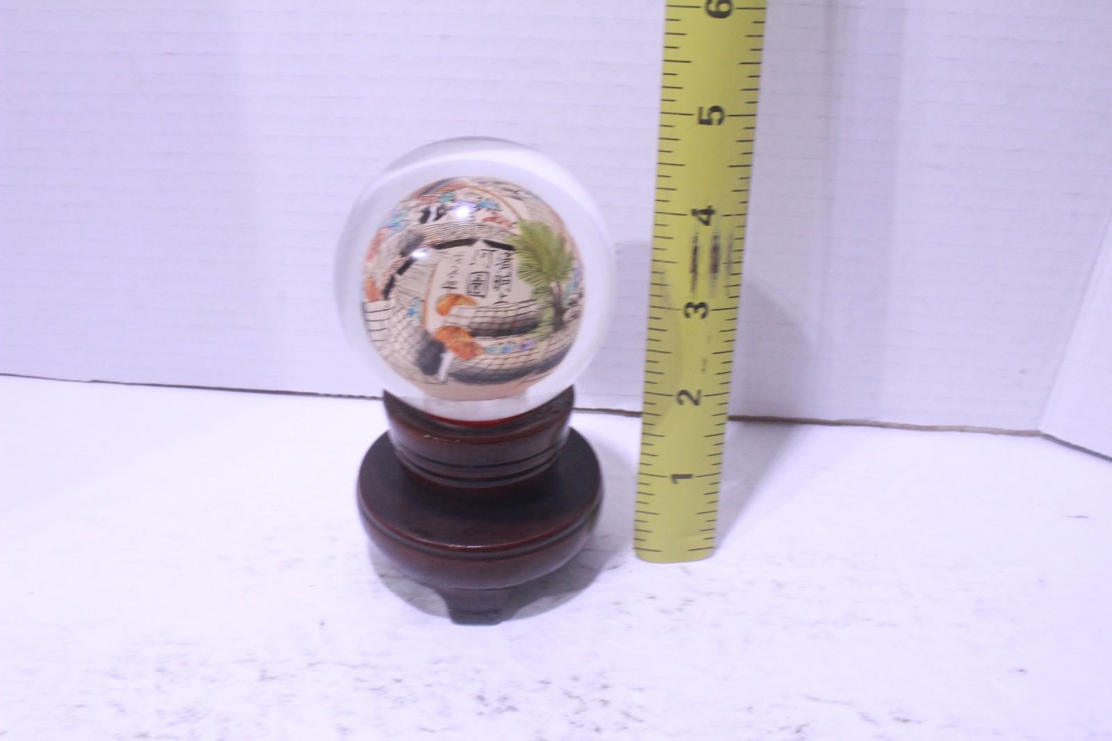 Qingming Festival River Map Reverse Hand Painted Glass Ball W Stand Paperweight