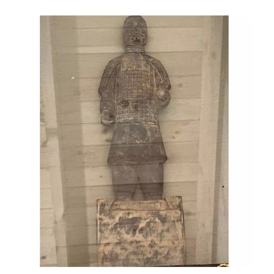 Pair of Vintage Chinese Terracotta Soldier Statues in Framed Shadow Box.