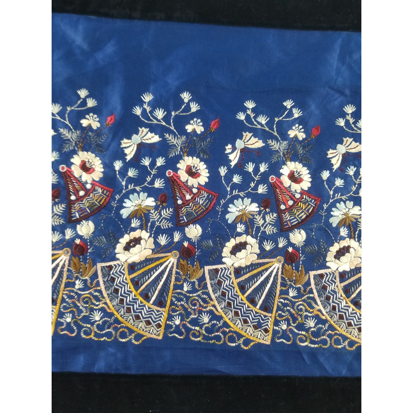 Vintage Chinese Hand Embroidered Floral & Botanical Silk Panel 86x18in