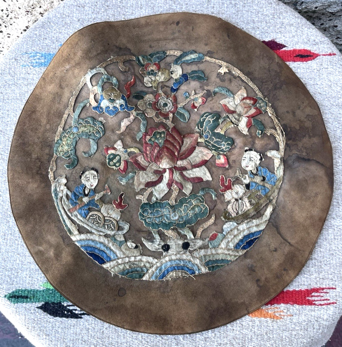 Antique Chinese Asian Leather Embroidered Silk Roundel Art Panel 15″ Qing Floral