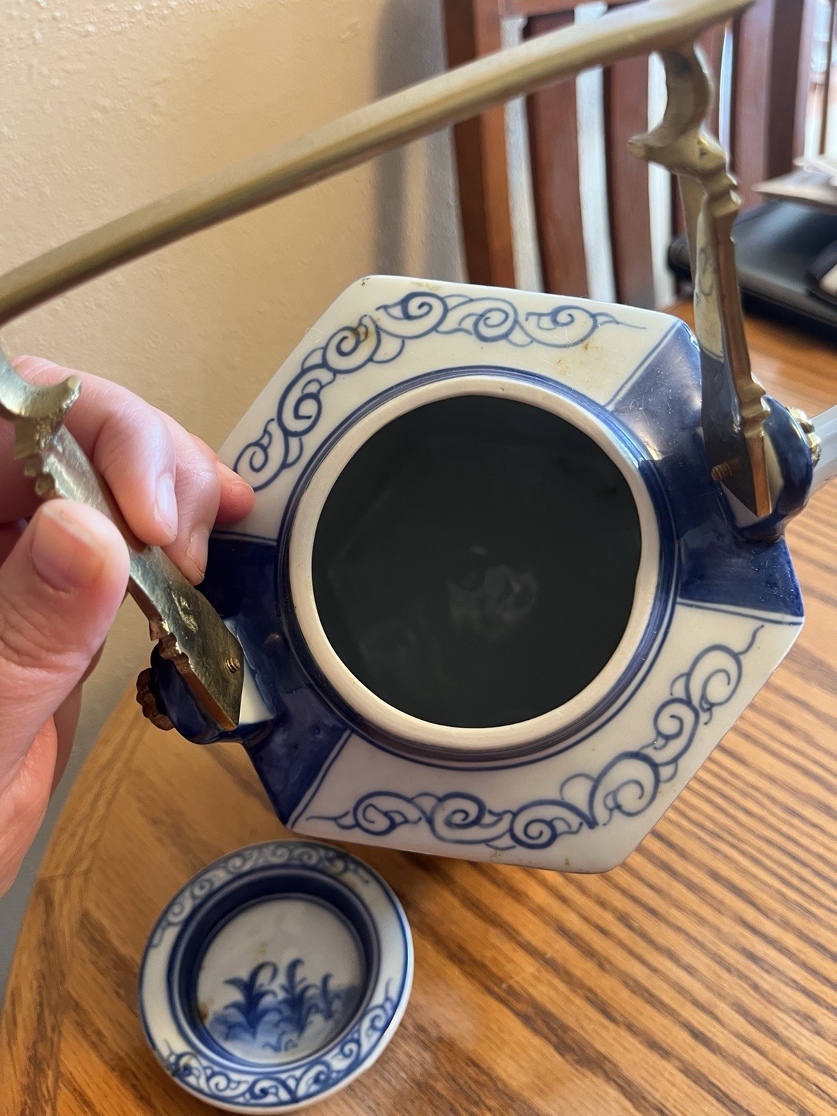 Large Vintage Thailand Blue & White Porcelain Teapot with Brass Handle