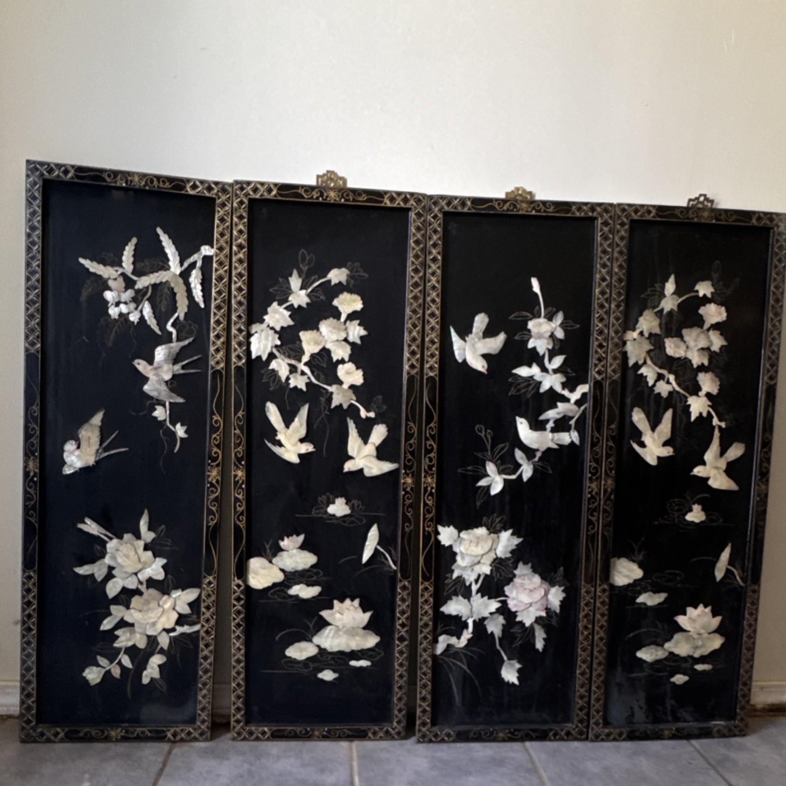 Chinese Four Panel Decorative Wall Art Set Birds Flowers Black Gold Frames